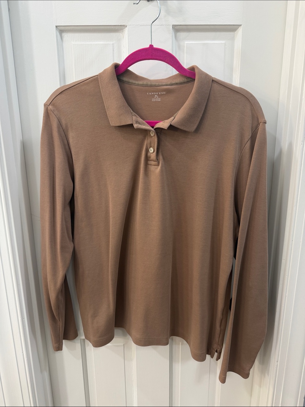 Lands' End Long-Sleeve Polo Rugby Shirt 100% Peruvian Cotton in Camel Brown